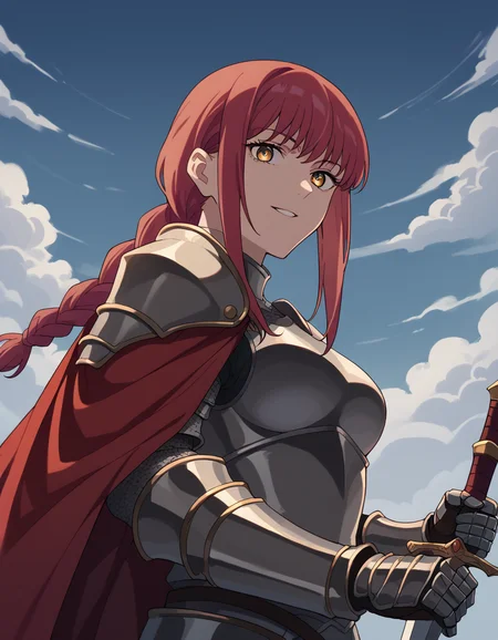 score_9, score_8_up, score_7_up, source_anime, <lora:chainsaw-man-makima-s1-ponyxl-lora-nochekaiser:1> makima, long hair, smile, bangs, yellow eyes, braid, red hair, braided ponytail, ringed eyes, medium breasts,, <lora:knight-ponyxl-lora-nochekaiser:1>, knight, armor, cape, sword, weapon, holding weapon, shoulder armor, gauntlets, helmet, pauldrons, red cape,, blue sky, clouds, from below, parted lips, looking at viewer