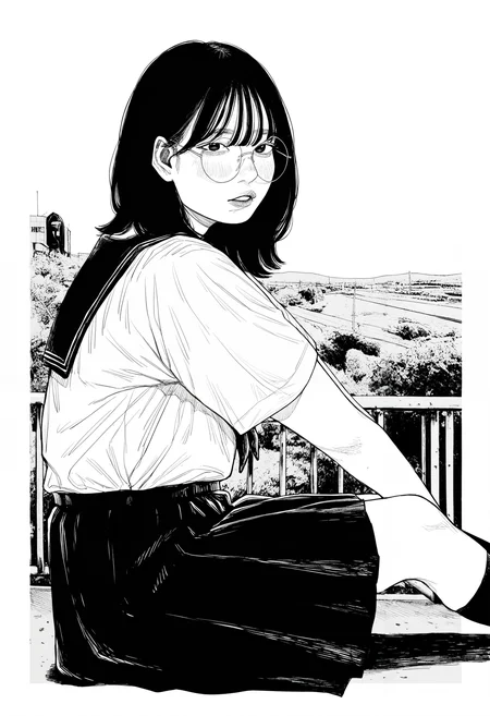 1girl, solo, medium hair, bangs, round eyewear, blush,
school uniform, serafuku, white shirt, black skirt, black socks,
sky, against railing, sitting, on floor, parted lips, looking at viewer,
from side, outside border,
masterpiece, best quality, amazing quality, absurdres, newest, monochrome, greyscale, realistic,
<lora:owk_bsh_yy:0.8>