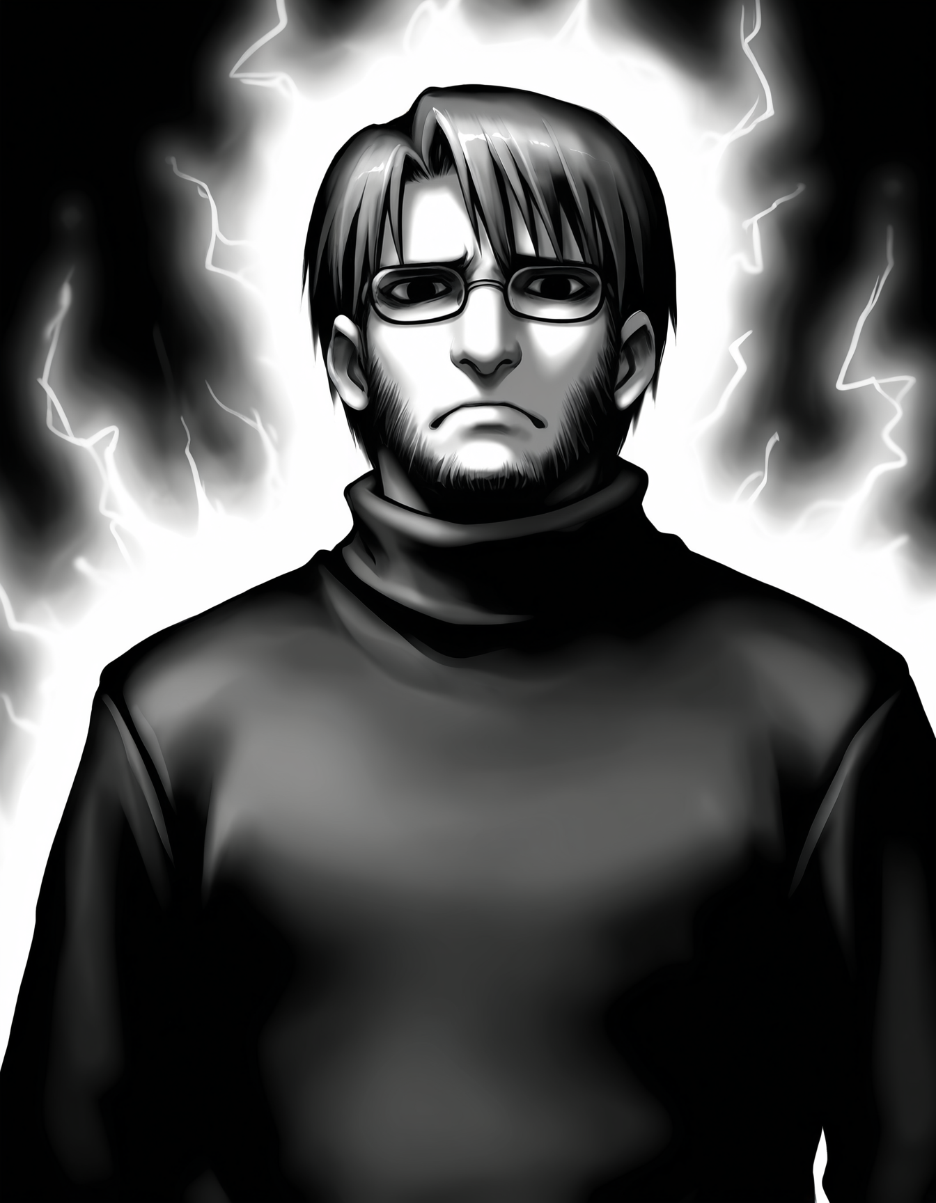 1boy, solo, male focus, 
toshiaki, glasses, facial hair, beard, 
glasses,  frown, 
turtleneck, 
upper body,
simple background,
monochrome, greyscale,outline, white aura,
masterpiece,best quality,amazing quality,very aesthetic,absurdres,newest,
<lora:StS-Illustrious-Detail-Slider-v1.0:1.5>, <lora:99coins_toshiaki_05:1>