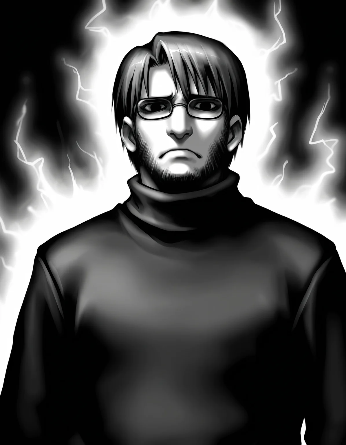 1boy, solo, male focus, 
toshiaki, glasses, facial hair, beard, 
glasses,  frown, 
turtleneck, 
upper body,
simple background,
monochrome, greyscale,outline, white aura,
masterpiece,best quality,amazing quality,very aesthetic,absurdres,newest,
<lora:StS-Illustrious-Detail-Slider-v1.0:1.5>, <lora:99coins_toshiaki_05:1>