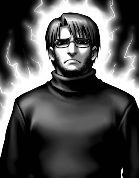 1boy, solo, male focus, 
toshiaki, glasses, facial hair, beard, 
glasses,  frown, 
turtleneck, 
upper body,
simple background,
monochrome, greyscale,outline, white aura,
masterpiece,best quality,amazing quality,very aesthetic,absurdres,newest,
<lora:StS-Illustrious-Detail-Slider-v1.0:1.5>, <lora:99coins_toshiaki_05:1>