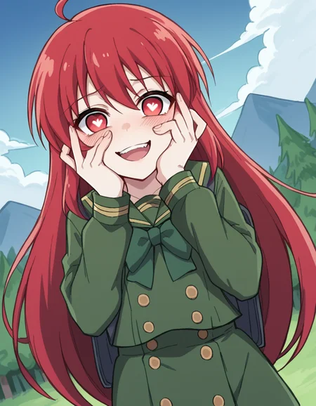score_9, score_8_up, score_7_up, source_anime, <lora:shakugan-no-shana-s3-ponyxl-lora-nochekaiser:1>, shana, long hair, red hair, red eyes, ahoge, sidelocks,, school uniform, serafuku, green serafuku, bowtie, green bowtie, green shirt, green sailor collar, long sleeves, green skirt, buttons, thighhighs,, mountain trail, hiking, nature, backpack, adventure, fresh air, , <lora:yandere-trance-ponyxl-lora-nochekaiser:1>, yandere trance, yandere, hands on own cheeks, hands on own face, crazy eyes, crazy smile, crazy, heart-shaped pupils, glowing eyes, symbol-shaped pupils, hand on own face, open mouth, glowing, blush, looking at viewer,, looking at viewer, solo,, dutch angle, cowboy shot