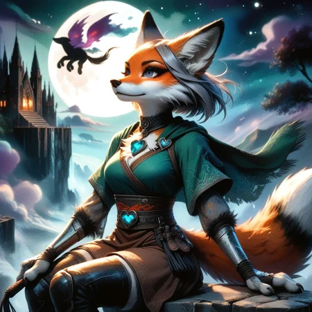 score_9, score_8_up, score_7_up, score_6_up, score_5_up, score_4_up, sfxm, csdb, castle background, stone bridge, bright moon, dark colorful cloudy skies, natgra, gray eyes, short hair, silver hair, steel greaves, plated footwear, brown skirt, black pants, green shirt, brown leather vest, silver belts, white gloves, silver chest plate, holding whip (weapon), cowboy shot,close up view, anthro, female furry, fox, fox tail, fox ears, body fur, fluffy, (paws:1.6), small claws, moon, trees, sitting, tunic, cape, scarf, heart-shaped pendant, leg wrap, bandages, eyes closed,