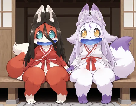 masterpiece, amazing quality, high resolution, Koware, furry female, black sclera, turquoise eyes, fang, Long hair, black hair, hair between eyes, straight hair, red fur, cream fur, multicolored fur, blue mouth, fox ears, fox tail, animal paws, fur highlights, wide hips, thick thighs, belly, Kitsune, Kemono, Fox, medium breasts, fox feet, Kuzure,black sclera, yellow eyes, forehead symbol, fang, Long hair, Messy hair, white fur, purple fur, multicolored fur, blue mouth, fox ears, fox tail, animal paws, fur highlights, wide hips, thick thighs, belly, Kitsune, Kemono, Fox, 2 girls, side by side, Japanese shrine, Shrine maiden outfit, Sitting, holding hands
