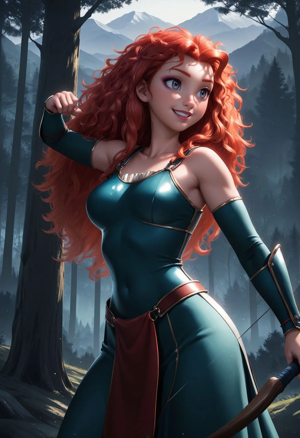 Smooth Quality, HDR, beautiful and intricate hair, protruding lips, lipstick, eyeliner, 1girl, merida \(brave\), grin, armored dress, holding bow \(weapon\), fighting stance, cowboy shot, outdoors, forest, mountainous horizon