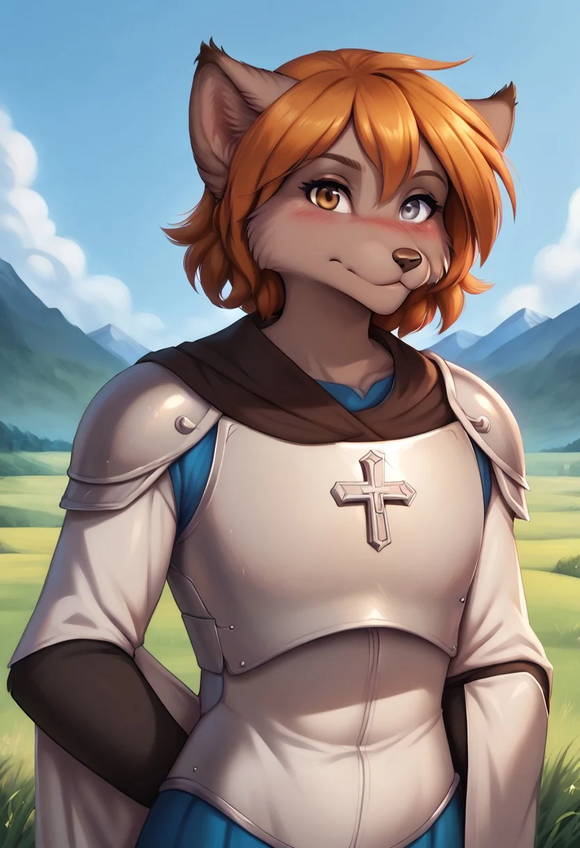 score_9, score_8_up, score_7_up, score_6_up, score_5_up, score_4_up, rating_safe, BREAK 1girl, furry, natani-twokinds, wolf tail, heterochromia, gray eyes, right eye gray, brown eyes, left eye brown,
BREAK mountain, orange hair, looking at viewer, shoulder armor, short hair, breastplate, upper body, day, sky, closed mouth, templar, cross, blush, pauldrons, mountainous horizon, bangs, blue sky, grass, hands_behind_back,