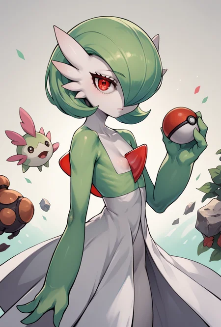 score_9, score_8_up, score_7_up, score_6_up, score_5_up, score_4_up, <lora:gardevoir_v2:1> gardevoir, white dress, creature, game freak, nintendo, pokemon, bangs, colored skin, female focus, flat chest, gen 3 pokemon, green hair, green skin, hair over one eye, multicolored skin, red eyes, short hair, two-tone skin, white skin, <lora:asanagiArtistStylePonyxl_loraLocon:0.6>, highly detailed, absurdres,
