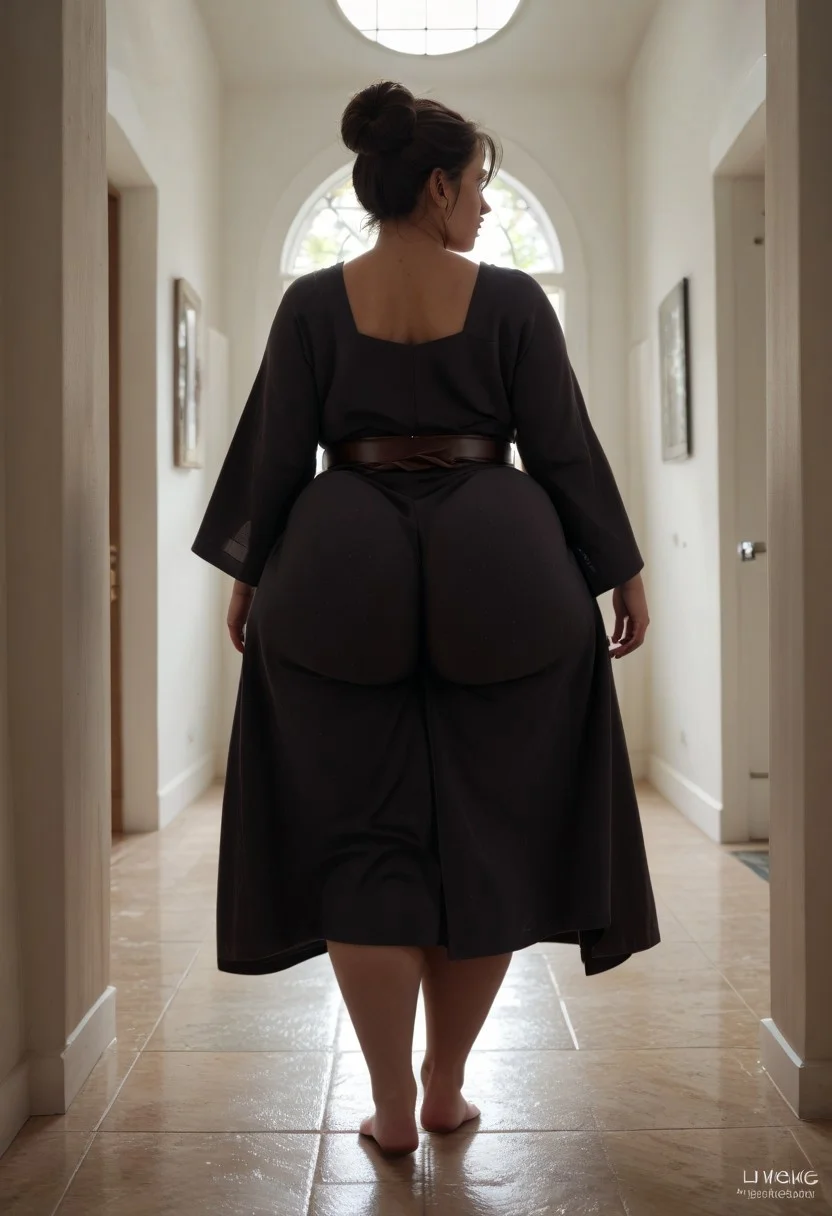 hallway, doors, mansion, long hallway, no lights, dark room, moonlight, lowlight,
score_9, score_8_up, score_7_up, score_6_up, score_5_up, score_4_up,, solo. ass focus, looking forward, looking back, back turned, small breasts, thin waist, gigantic butt, gigantic fat ass, HD, low view, from behind, wide hips, walking away, mid step, ass jiggling under robe, bottom heavy, bubble butt, oiled ass, slimy skin, shiny skin, wet body, walking away, cellulite ass,
score_9, score_8_up, score_7_up, score_6_up, rating_explicit
((venus body,)) obese, fat, big breasts, big ass, thick thighs, female jedi, black hair, bbw, fat, chunky, plump, hyper body, hyper wide ass, ass bigger than torso, hyper ass, wide hips, hyper hips, thick thighs, huge ass, cellulite, large ass, gigantic ass 1girl, thighs, thick thighs, ass under dress, ass under long robe, dark skin, dark skin color, black woman, african woman, lightsaber in hilt, lightsaber holstered at hip, wearing sash, hair in bun,