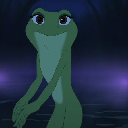 Tiana (Frog), solo, 1girl, female, frog, standing, brown eyes, eyeliners, looking at viewer, smiling, night, purple lighting, swamp background,
