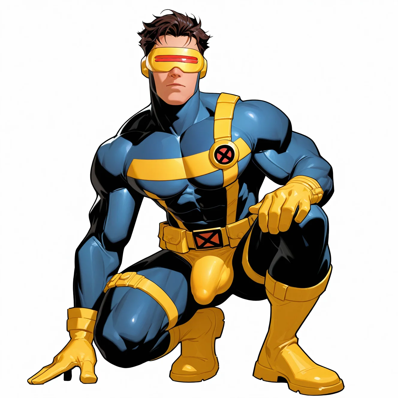 <lora:CYCLOPS:1>cyclops, solo, short hair, simple background, brown hair, white background, 1boy, gloves, closed mouth, full body, male focus, boots, belt, muscular, thigh strap, bodysuit, abs, muscular male, pectorals, squatting, <lora:bulge:1> bulge, large pectorals, skin tight, black bodysuit, covered eyes, on one knee, yellow footwear, superhero, blue bodysuit, yellow gloves, hands on own knees, covered abs, head-mounted display, utility belt, yellow belt, western comics (style), black hair, mask, domino mask, two-tone bodysuit, motion blur, film grain, abstract, natural lighting, fantasy, cinematic, dynamic view, tilted angle, very awa, masterpiece, best quality, absurdres, newest, perfect quality, detailed background, intricate details, (artist:fl \(l-fl\):0.7), (artist:tooboshoo:0.7), (artist:dizdoodz:0.8)