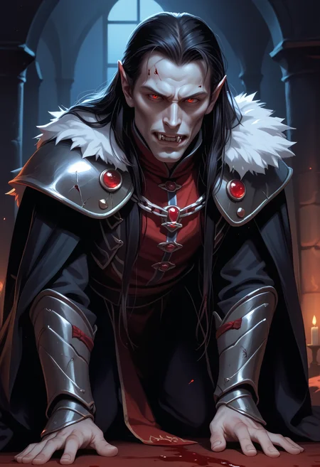 score_9, score_8_up, score_7_up BREAK solo, 1boy, strahd, colored skin, pale skin, pointy ears, long hair, black hair, red eyes, fangs, blood, high collar, black cape, cloak chain, red doublet, shoulder armor, fur trim, vambraces, on all fours, dark, night <lora:clamStrahdPDXL_v20:1>