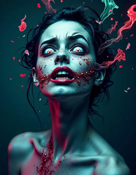 Abstract image of various emotions â anger, joy, sadness â as if they are physically leaking out of a personâs body, The subject is a young woman, her features distorted and elongated as if in pain or confusion, Her eyes, mouth, and other orifices emit streams of abstract symbols representing different emotions, Use a black-and-white color palette with pops of bright colors to represent the emotions, Experiment with different textures â crusted skin, shimmering sweat, or fluttering pieces of paper â to enhance the sense of discomfort, The background should be unsettling, perhaps a city skyline at night with neon lights distorting the emotions, The overall composition should feel claustrophobic and oppressive, capturing the weight of intense emotional states, , (&:0)