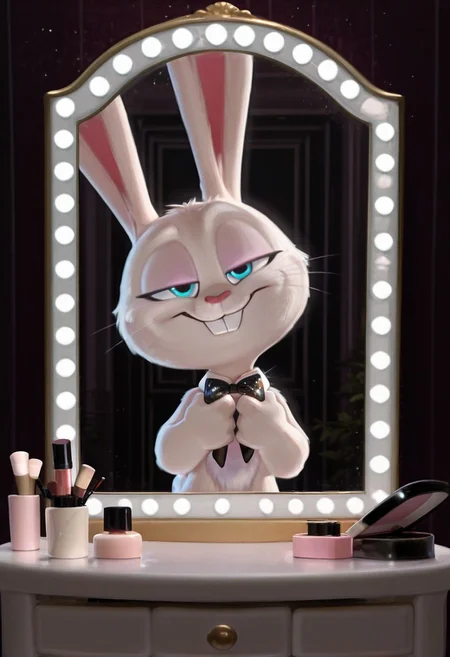 masterpiece, amazing quality, absurdres, ultra-detailed, detailed fluffy fur, no humans, furry male, solo, short, alec_azam, 1boy, white fur, blue eyes, whiskers, buck teeth, grin, teeth, rabbit tail, long ears, (droopy ears:1.1), unaligned ears, smug, half-closed eyes, eyelids, oversized bowtie, black bowtie, sequined bowtie, glitter bowtie, detached collar, adjusting bowtie, hands up, head tilt, fluffy, body fur, fewer digits, 4 fingers, looking at viewer, big head, upper body, 
BREAK
looking at mirror, indoors, vanity table, cosmetics, hollywood mirror, mirror lights, cosmetics, shadow, light particles, detailed shading, WaiIL25PosC
