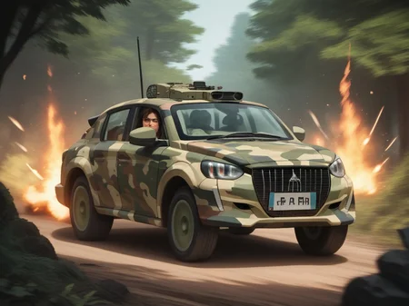 (((Lara Croft))) in front of the car, 1girl,score_9,score_8_up,score_7_up,208, military car, military 208, outside, palmers, war, explosions, camouflage, in forest, military colors, anime, manga, motion blur, speed sensations, detailed background, fast, jump, fire<lora:208_xl:1>