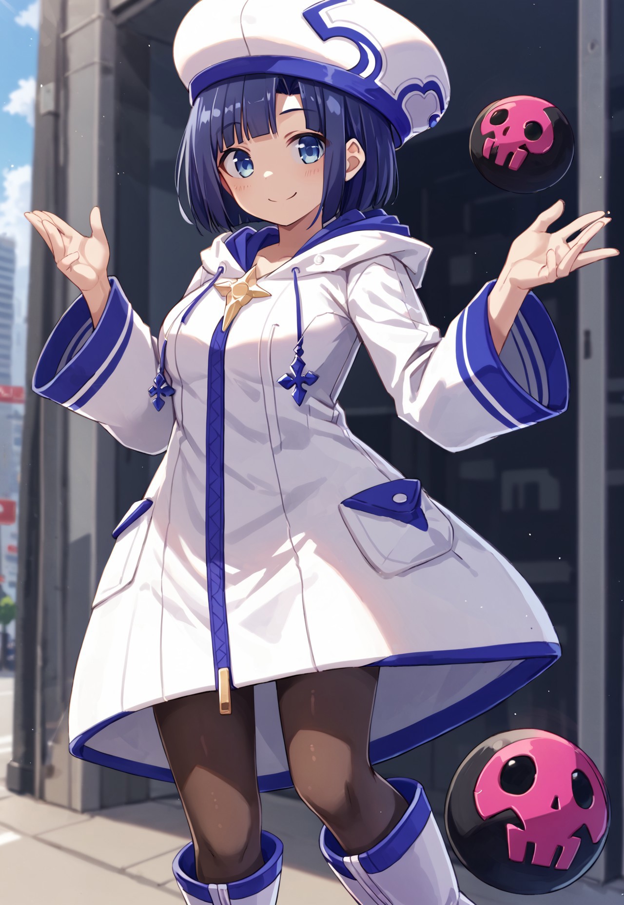 safe_pos, source_anime, score_9,score_8_up, score_7_up,score_6_up, 

1girl, 

sn0w_wh1t3_ms, order_fit, blue hair, short hair, blue eyes, medium breasts, white headwear, white dress, white hoodie, hood down, long sleeves, zipper, zipper pull tag, pantyhose, white boots, bombs
 
dynamic pose, cowboy shot, smile

city