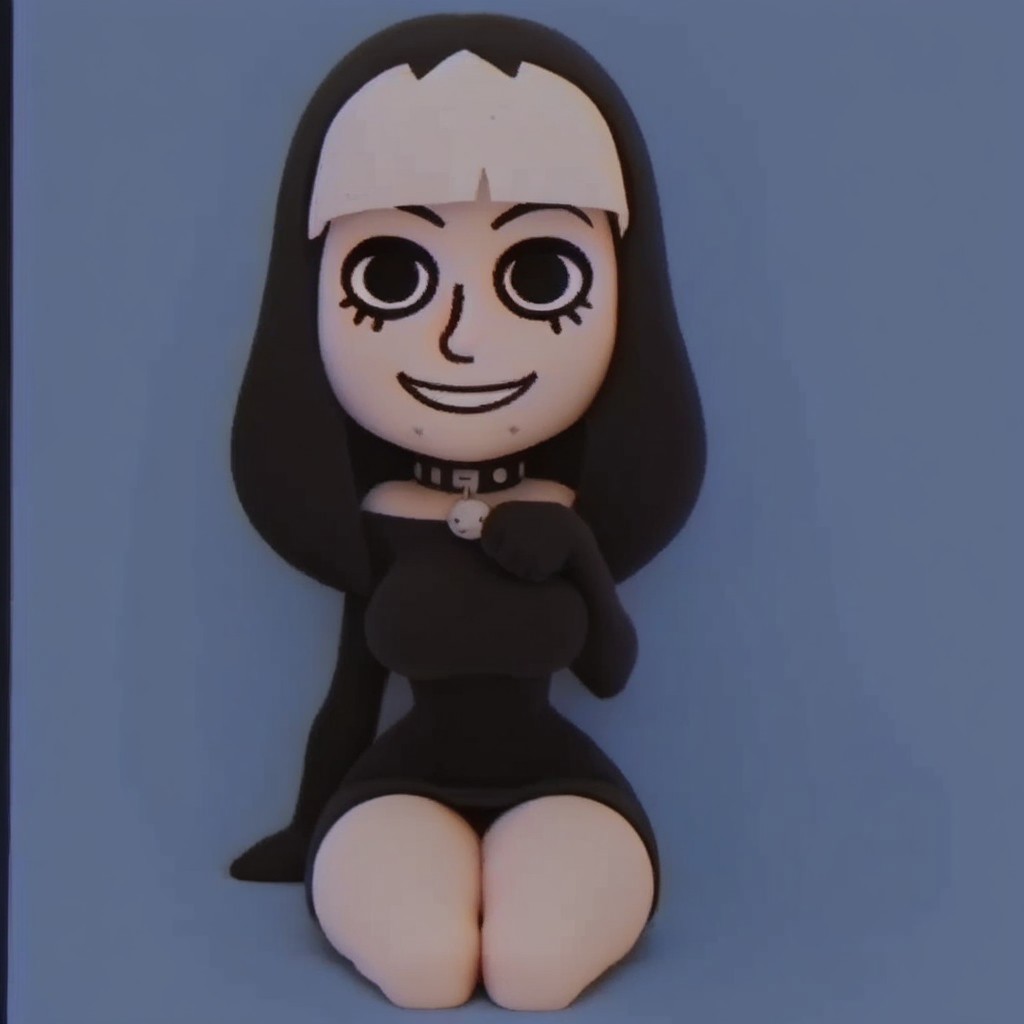 Score_9_up, score_8_up, score_7_up, detailed, cartoon, cartoonish, Rawtime, smiling, smile, 1girl, solo, black hair, from front, front view, chibi, black clothing, digital art, blue background , full body, standing, wide hips, thick thighs, sexy thighs, large breasts, Thunder thighs, multicolored hair, white and black hair, white hair, collar, sitting, looking at viewer, white sofa