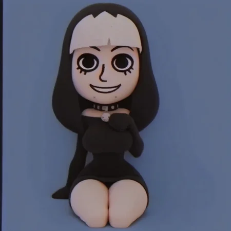 Score_9_up, score_8_up, score_7_up, detailed, cartoon, cartoonish, Rawtime, smiling, smile, 1girl, solo, black hair, from front, front view, chibi, black clothing, digital art, blue background , full body, standing, wide hips, thick thighs, sexy thighs, large breasts, Thunder thighs, multicolored hair, white and black hair, white hair, collar, sitting, looking at viewer, white sofa