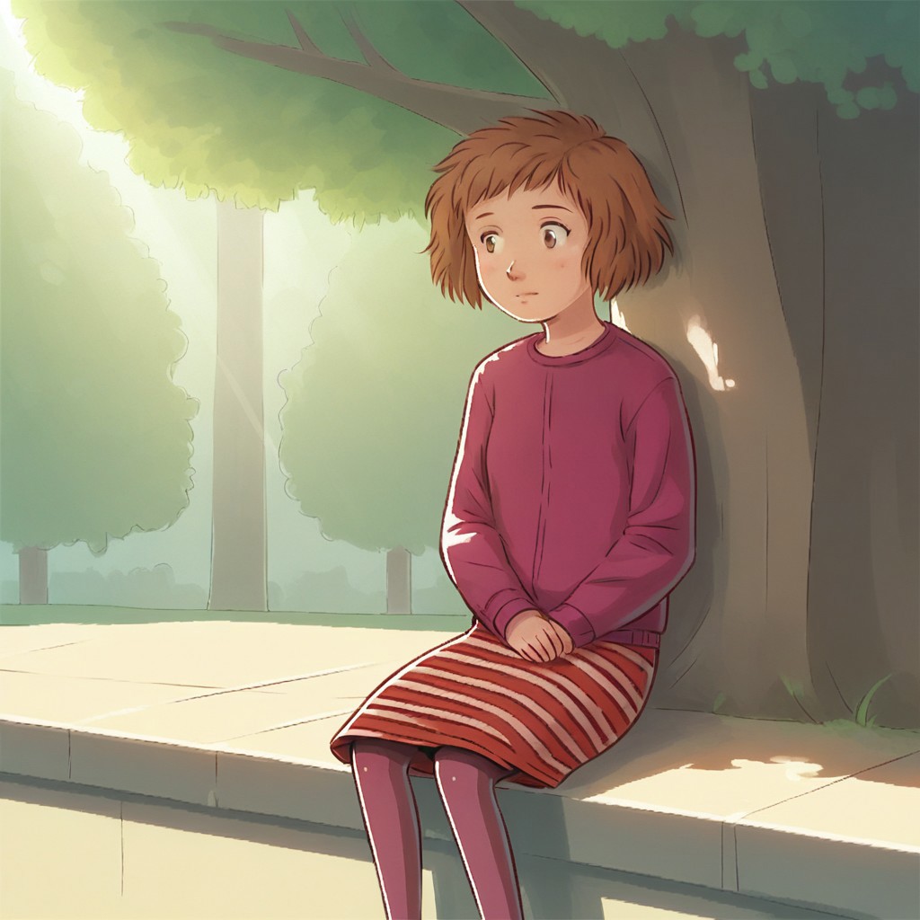 score_9, score_8, score_7, break, solo, helen_l, 1girl, short hair, brown hair, sweater, striped, skirt, pantyhose, sitting, tree, sunlight, shadows, natural lighting