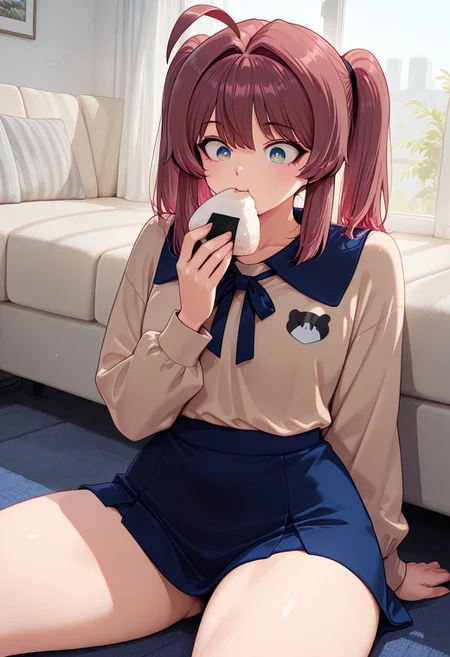 1girl, solo, masterpiece, best quality, newest, absurdres, CG, anime, source anime, illustration, nyalia lora:Someone_Stop_Her_-_Manhwa__Illustrious:1>
BREAK 1girl, solo, Lynn Yu,brown hair, ahoge, black diadem, multicolored eyes, magenta eyes, black eye pupils, twin ponytails
beige shirt, black shirt collar, blue short skirt
inside, sofa, window, sitting on the floor, looking at viewer, surprised, eating onigiri
cinematic angle, alternate angles, alternate detailed background, beautiful background, (rays light:1.0),(grow:1.0)