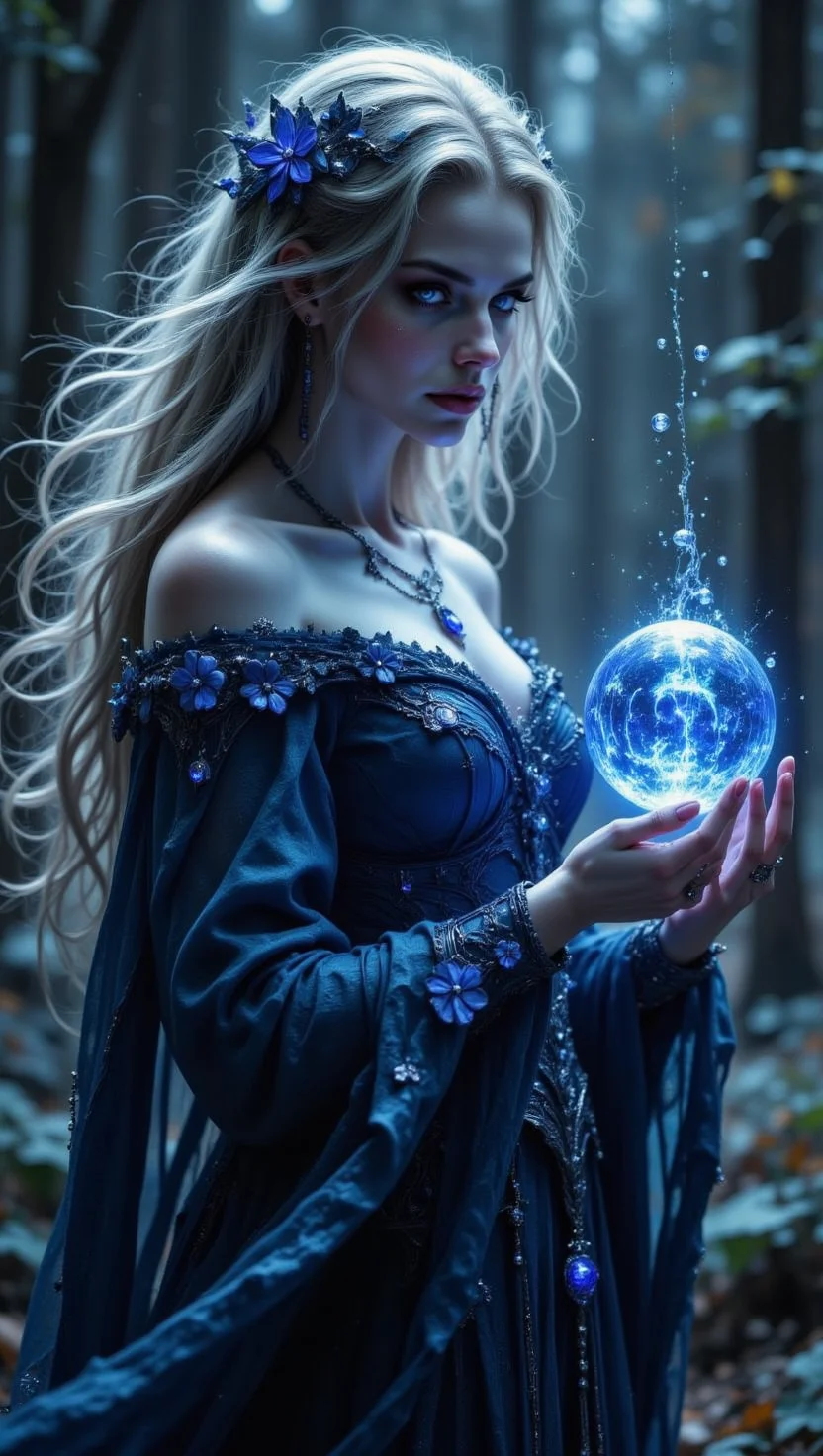 pinkdarkfantasy,
A mystical woman with silver-dusted hair and deep violet eyes that glow under the moonlight. She wears a flowing indigo gown adorned with orchid motifs, as faint magical mist swirls at her fingertips.