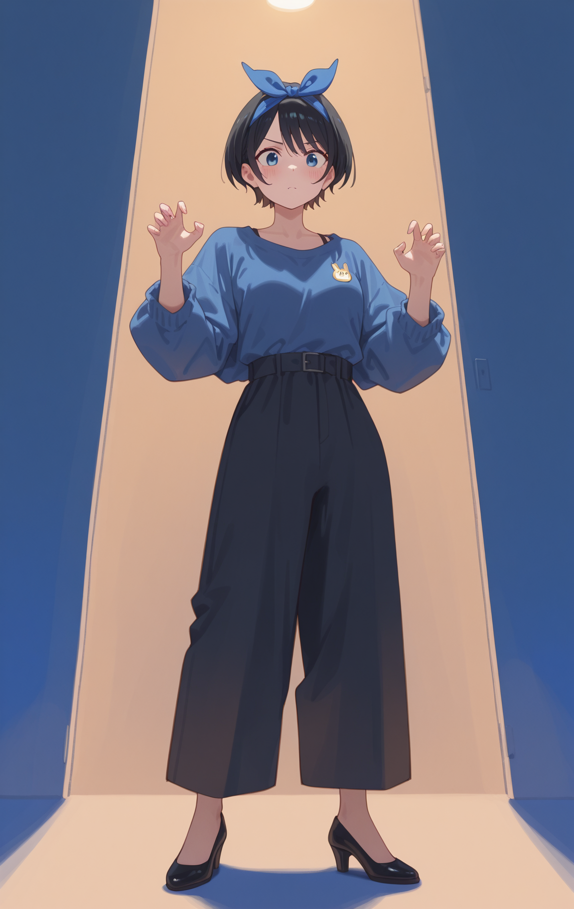 perfect quality,high quality,masterpiece,best quality,amazing quality,very aesthetic,absurdres,Cinematic Lighting,newest,Tactical use of shadow,
front view,full_shot,Raised chin with pride,
SarashinaRukaCYQL,<lora:SarashinaRukaCYQL:1>,1girl,solo,short hair,black hair,bangs,hairband,blue eyes,Balloon sleeves, wide-leg pants, peep-toe pumps,
full body,standing,claw_pose,,
blueviolet background,simple background,
<lora:spo_sdxl_10ep_4k-data_lora_webui:0.7>,<lora:MinimalistFlatColorXL_byKonan:0.5>,<lora:96YOTTEA-WAI:0.8>,,