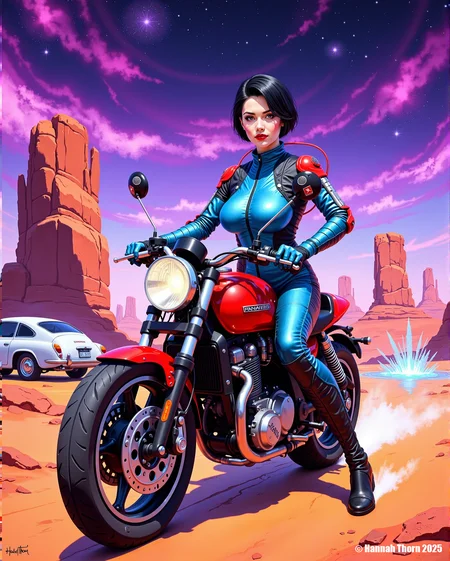 A hyperrealistic digital painting of a female astronaut, clad in a shimmering, blue-chrome spacesuit with subtle, glowing circuitry, confidently astride a futuristic, crimson motorcycle.  The bike streaks across a vibrant, otherworldly desert landscape under a swirling nebula of purples, pinks, and blues.  She has a sleek, short black bob and red lipstick, her expression cool and determined.  In the background, towering rock formations cast long shadows, and a tiny, white, retro-futuristic car is parked near a shimmering oasis.  The style blends photorealism with elements of anime and sci-fi illustration, capturing a dynamic sense of motion and adventure.  The overall color palette is rich and saturated, with a focus on contrasting warm and cool tones.  Signed "Hannah Thorn 2025" in the bottom right corner. <lora:_Flux\_Painting\Erotic Comic F.safetensors:0.7000000000000001:0.7000000000000001>