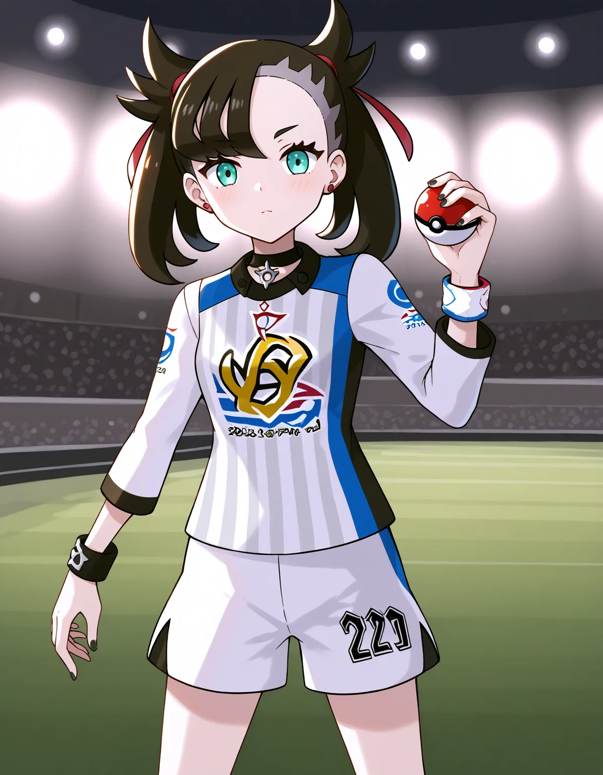score_9, <lora:sdxl_lightning_8step_lora:1> source_anime, rating_safe BREAK 1girl, marnie \(pokemon\),
<lora:ponyxl-character_gloria_gym_challenge:1> , gym challenge uniform, white shirt, striped shirt, long sleeves, white shorts, (number print:1.2), wristband,
stadium, crowd, spotlight, holding poke ball \(basic\),