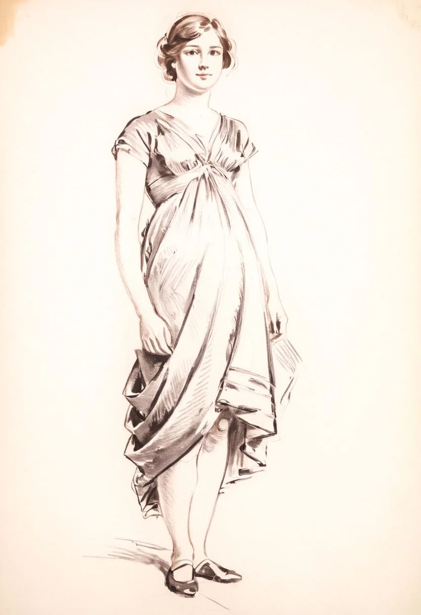 simple background, a sketch of a standing woman, solo, dress, monochrome, full body, <lora:sketch_study_XL_resize:1.2>