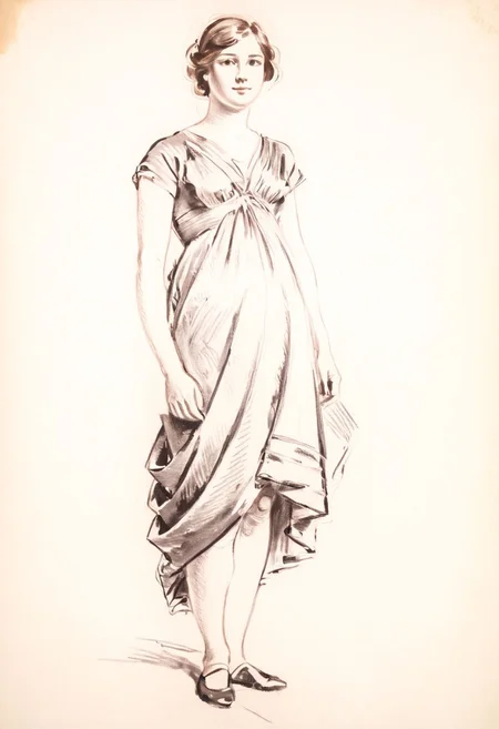 simple background, a sketch of a standing woman, solo, dress, monochrome, full body, <lora:sketch_study_XL_resize:1.2>