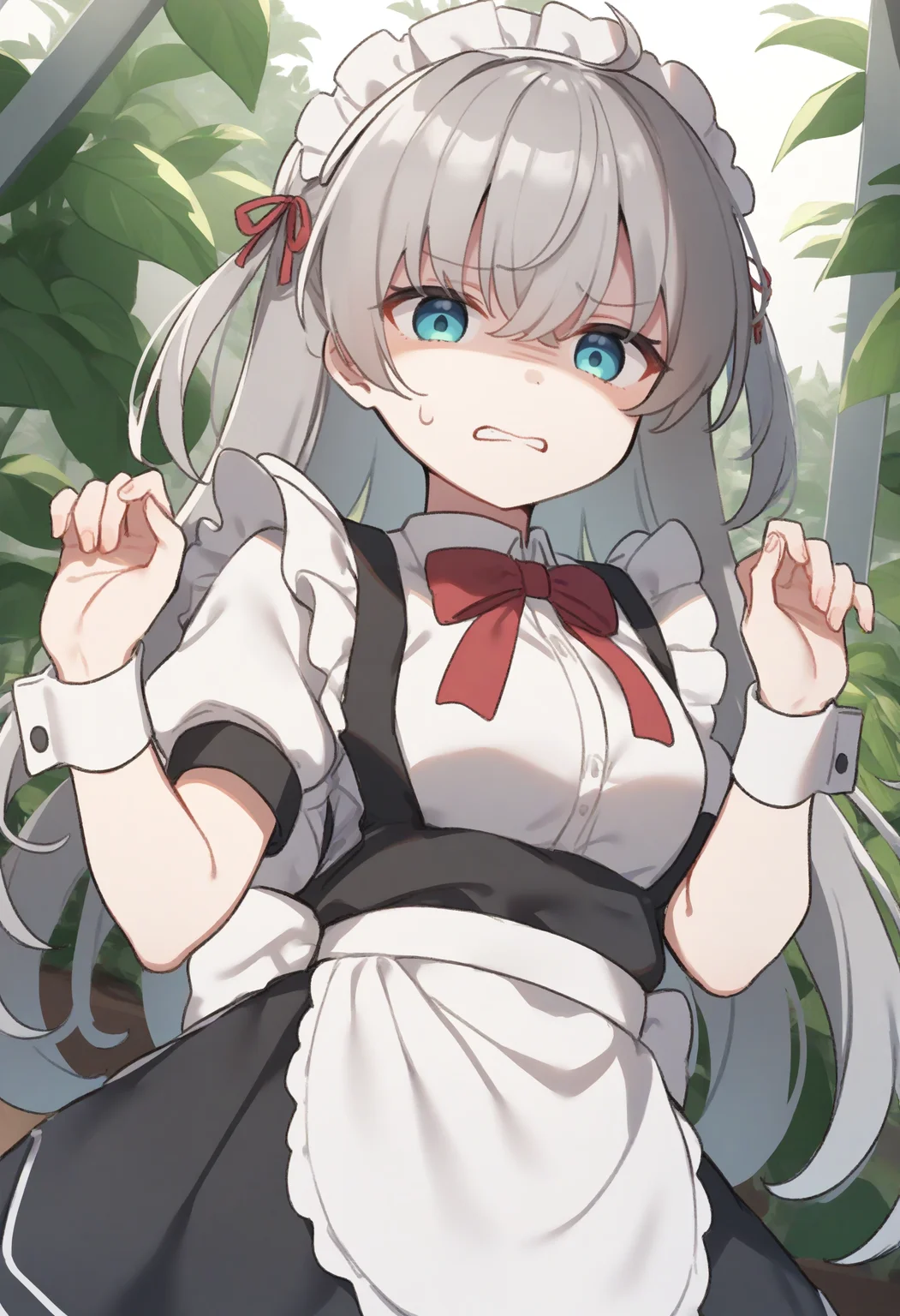 1girl,sincos, ningen mame, toosaka asagi,solo,medium breasts,20yo,maid,maid headdress,
donbiki,<lora:donbiki_XL_v1:0.7>
sweatdrop, looking at viewer, shaded face, turn pale, jitome, disgust, gloom (expression), d:, frown, empty eyes, no pupils, clenched teeth, hands up,
from below, cinematic angle, gray hair, black eyes, greenhouse, ringlets hair,,
best quality, very aesthetic, absurdres