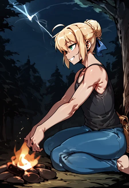 score_9, score_8_up, score_7_up, anime screencap, rating_safe, intricate details, , depth of field, doppel style, 1girl, saber \(fate\), blonde hair, green eyes, ahoge, hair between eyes, hair bun, hair bow, solo, from side, cabin, forest, campfire, dark, (dynamic pose), half-closed eyes, smile, <lora:blue_lock_style_pony:1.2>, blue_lock_style, , blue lock bodysuit, , black tank top, <lora:sdxl_lightning_8step_lora:1>