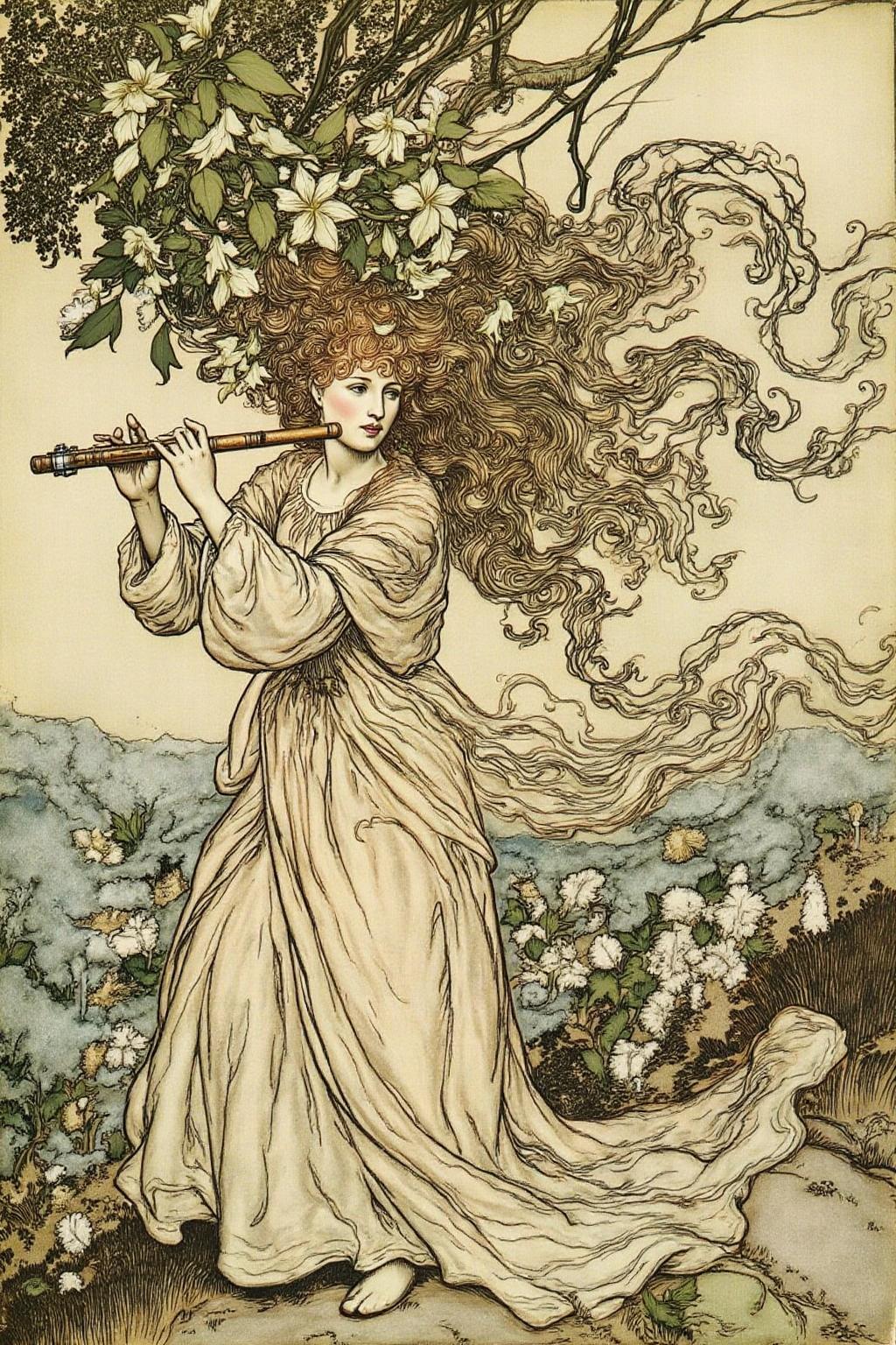 artrack1 illustration.
The scene depicts a fantastical, dreamlike scene. In the foreground, a woman with long, flowing, curly hair and a flowing, off-white, long-sleeved dress is seen in profile. She is blowing into a flute, causing the hair to blow dramatically and curl around her head and body, creating an ethereal, swirling effect. The hair transforms into a cascade of leaves and flowers, blending into the natural elements around her. <lora:artrack1_nocap_d6a3:1.0><lora:812488657408672180:0>