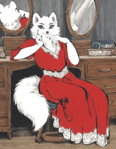 traditional ink wash, style-d, arctic fox, anthro, (solo:1.2), female, white fur, red dress, dresser, on stool, sitting, inside, reclining, looking at viewer, leaning on elbow, mirror , blue eyes,
<lora:PseudoInkWash_1.22-vpred-r:1>