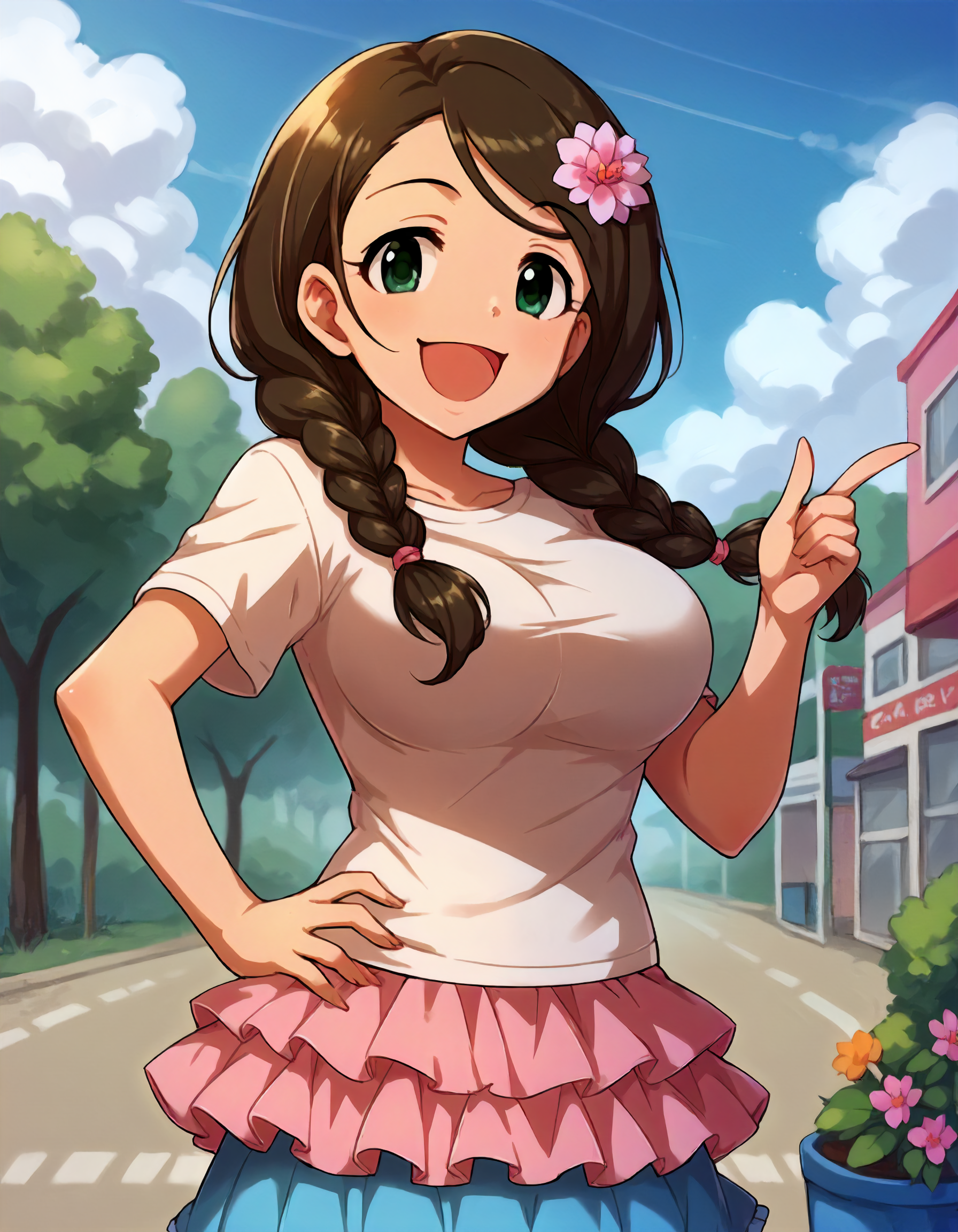 score_9,score_8_up,score_7_up,1girl,solo,cowboy shot,smile,open mouth,looking at viewer,hand on hip,outdoors,
<lora:akanishierika_ponyXLV6:0.8>,cgae,
brown hair,twin braids,green eyes,large breasts,
hair flower,T-shirt,frilled skirt
