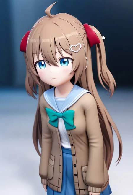 3D Render Style
1girl, Neuro-sama, ahoge,very long hair,long hair,brown hair,two side up,hair bow,red bow,hairclip,heart hair ornament,hair between eyes,bangs,blue eyes, school uniform,blue sailor collar,brown cardigan,open clothes,open cardigan,white shirt,green bow,puffy long sleeves,sleeves past wrists,small breasts