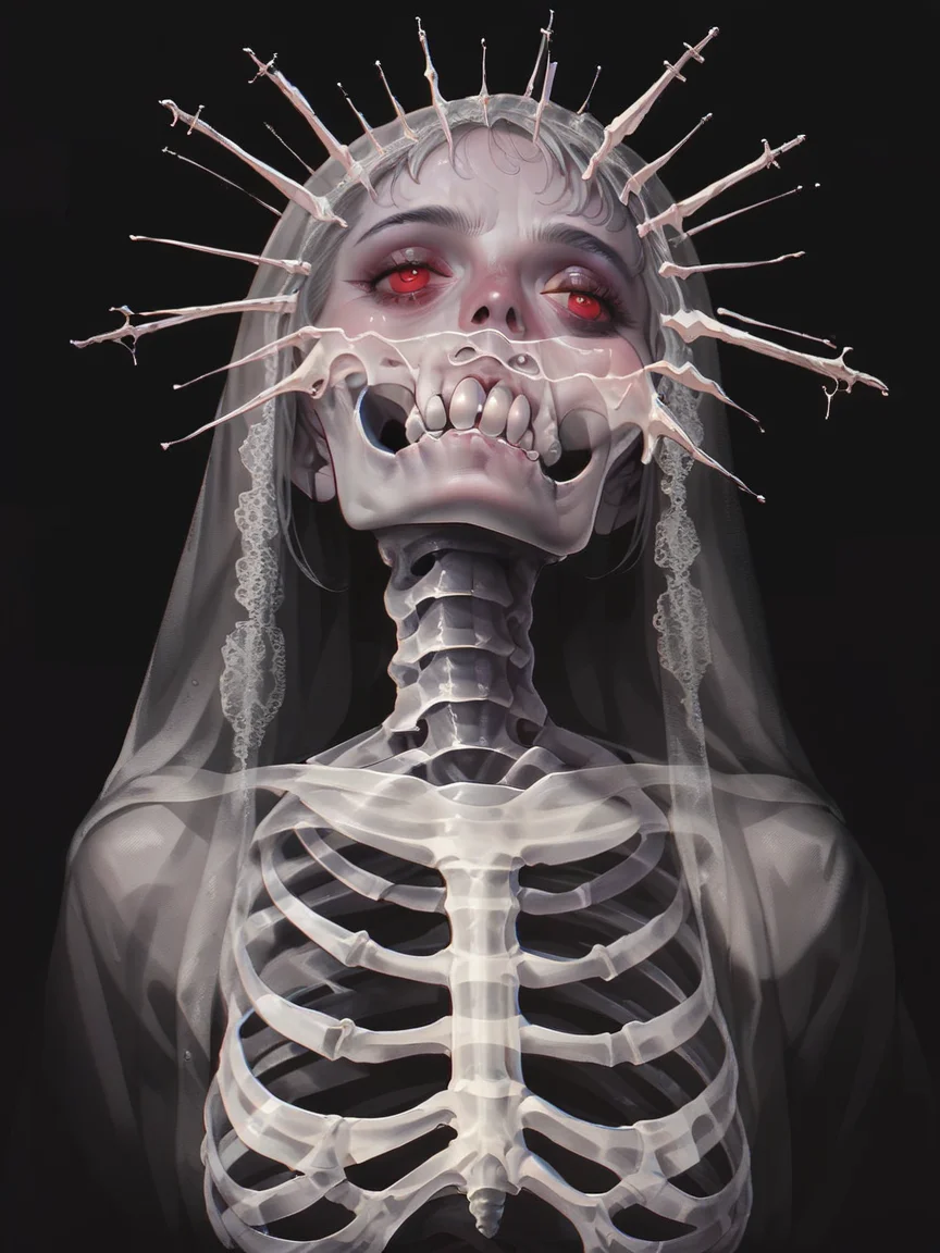 score_9, score_8_up, score_7_up, score_6_up, score_5_up, gh0stly, black background, skeleton, horror (theme), <lora:Gh0stlyXLP:0.7> long hair, red eyes,large breasts,