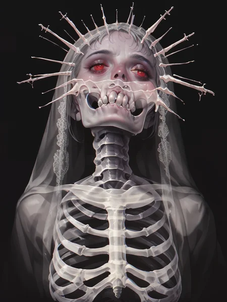 score_9, score_8_up, score_7_up, score_6_up, score_5_up, gh0stly, black background, skeleton, horror (theme), <lora:Gh0stlyXLP:0.7> long hair, red eyes,large breasts,