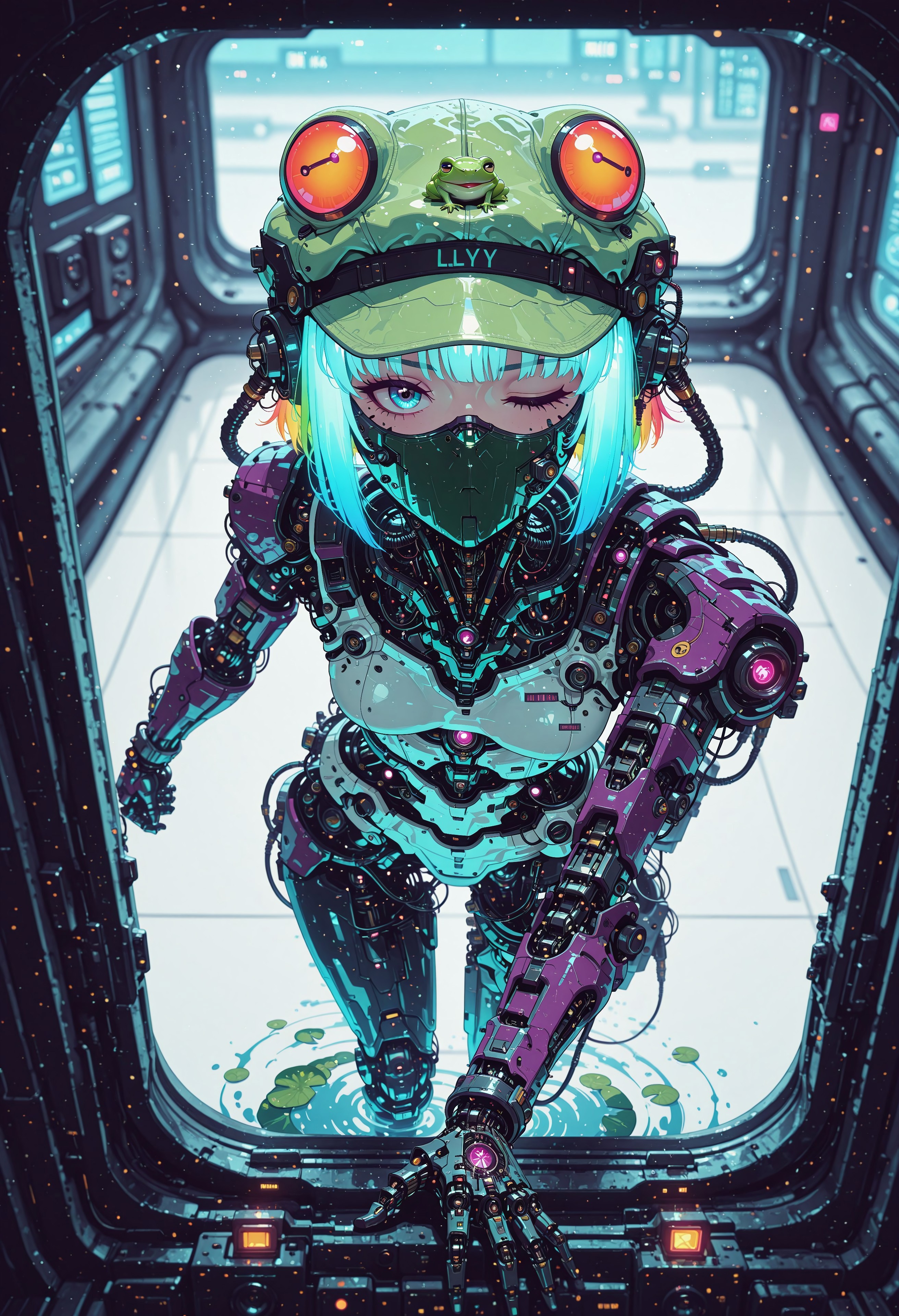 <lora:ck-nc-cyberpunk-IL-000011:0.60>,  masterpiece, best quality, good quality, very aesthetic, absurdres, newest, 8K, depth of field, focused subject, dynamic angle, side view, from above, action shot, wabi sabi android woman, rainbow hair, glowing hair, cute simplistic frog hat, gazing at the viewer, clean visible face, clean white rectangular ceramic material and mechanical parts, their face mask is open, one eye has mechanical enhancements, servos, wires, exposed circuits, skin, holding giant green lillypad, text on hat reads "Lilly"(futuristic fractal shaped artemis station in background, window view), Sci-fi anime movie (style by George Shaw),shallow depth of field, vignette, (Fujicolor Superia X-TRA 400) , (bioluminecent glow:0.8),
in the style of cknc,
<lora:MoriiMee_Gothic_Niji_Style_Illustrious_r1:0.5>
<lora:ck-neon-retrowave-IL:0.85>
<lora:ck-shadow-circuit-IL:0.35>