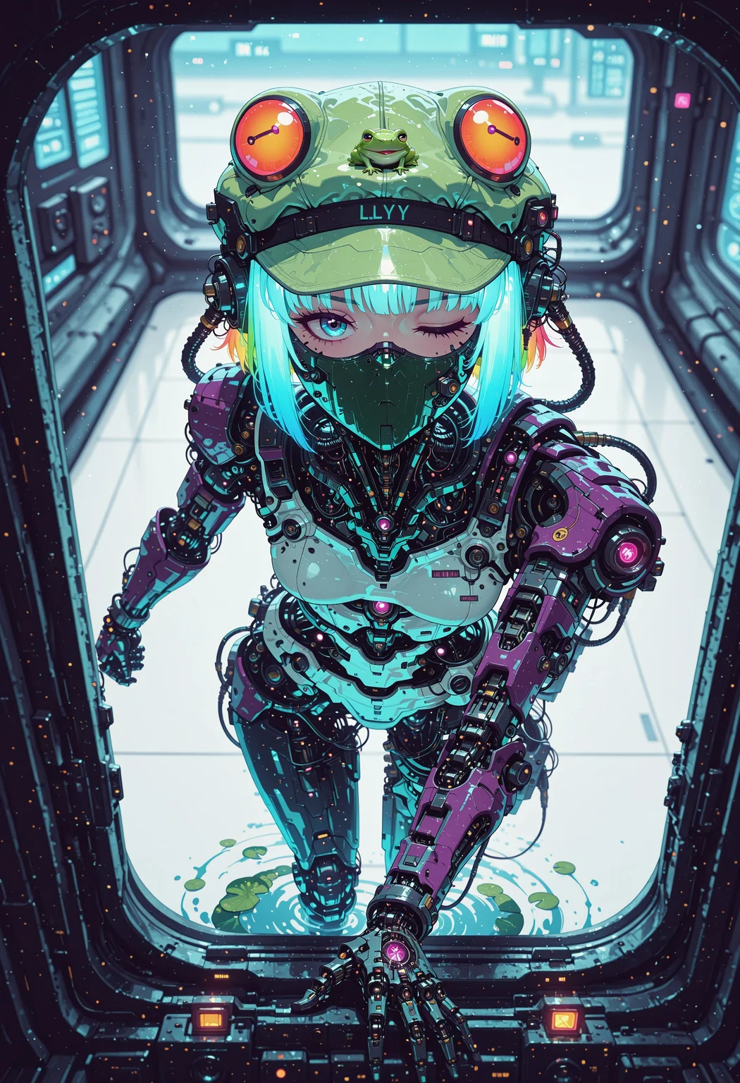 <lora:ck-nc-cyberpunk-IL-000011:0.60>, masterpiece, best quality, good quality, very aesthetic, absurdres, newest, 8K, depth of field, focused subject, dynamic angle, side view, from above, action shot, wabi sabi android woman, rainbow hair, glowing hair, cute simplistic frog hat, gazing at the viewer, clean visible face, clean white rectangular ceramic material and mechanical parts, their face mask is open, one eye has mechanical enhancements, servos, wires, exposed circuits, skin, holding giant green lillypad, text on hat reads "Lilly"(futuristic fractal shaped artemis station in background, window view), Sci-fi anime movie (style by George Shaw),shallow depth of field, vignette, (Fujicolor Superia X-TRA 400) , (bioluminecent glow:0.8),
in the style of cknc,
<lora:MoriiMee_Gothic_Niji_Style_Illustrious_r1:0.5>
<lora:ck-neon-retrowave-IL:0.85>
<lora:ck-shadow-circuit-IL:0.35>