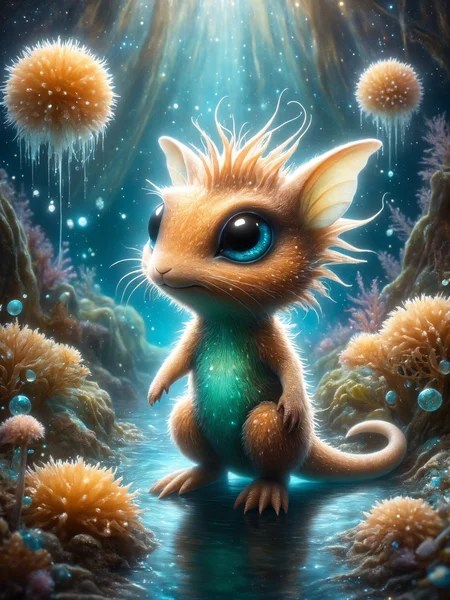 famous artwork by (mark zug:1.3) and (wendy froud:1.2) and (david stoupakis:1.1), fantasy style, marvel at the mesmerizing glowing female H. cyanoventris characterized by wetskin, award-winning macro photo by (mika asai:1.2), chiaroscuro, rim lighting, dappled light, (colorful:1.2) cute and quirky and friendly anthro Echinodermata that dwells on sky islands and jellywhatzit shneebleton of the fantastical alien world Zaphod B, where they befriend Leporidae (puffs and floating particles:1.2), pastel shades of blue green yellow and teracotta and truffle brown, 8k, uhd, (wind:1.3)
<lora:grainy-v1:0.8>