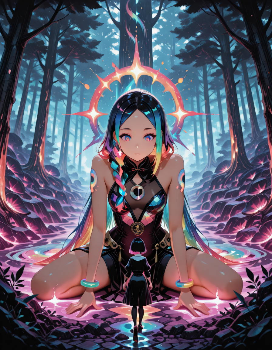 2_girls, (age difference:1.5), iridescent eyes,  medium  colored inner hair low-braided long hair , colorful bracelets , dark skin tone , curvy body , (very small breasts) , turn pale , ,  CFNM , purple fruit pattern keyhole top, side cut skirt , Arm support ,  , dense forest , top_down perspective,
(vivid high contrast colors),
 aijalon <lora:Aijalon_Anitoon_v2-000007:0.1>masterpiece, best quality, very aesthetic, absurdres   <lora:TrendCraft_The_Peoples_Style_Detailer-v1.0A-3_13_2025-illustrious:1>