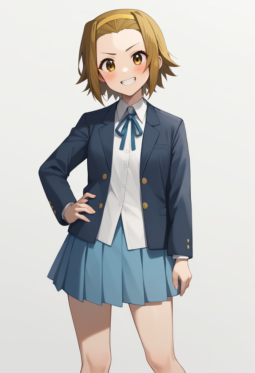 score_9,score_8_up,score_7_up,<lora:tainaka_ritsu_pony:1>,1girl,neck_ribbon,tainaka_ritsu,long_sleeves,blue_jacket,sakuragaoka_high_school_uniform,hand_on_own_hip,yellow_hairband,blue_skirt,blush,winter_uniform,white_shirt,simple_background,white_background,absurdres,highres,grin,commentary_request,solo,