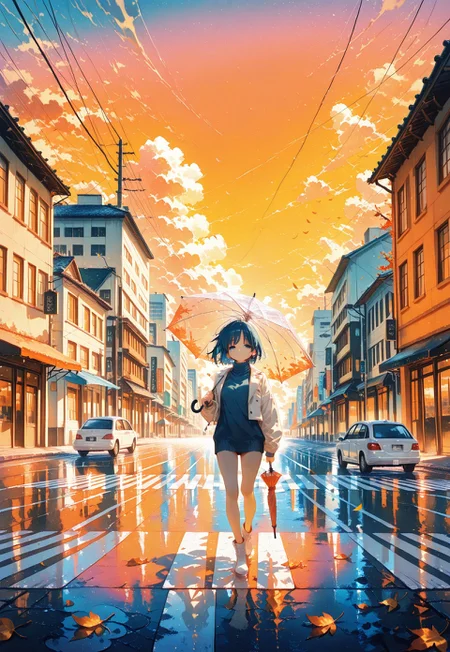 masterpiece, best quality, very awa, absurdres, amazing quality, very aesthetic, HDR, 8K, newest, painterly, oil painting \(medium\), realism, realistic, 1girl, blue eyes, blue hair, blue sweater, building, city, cloud, crosswalk, evening, falling leaves, gradient sky, holding umbrella, leaf, orange sky, outdoors, scenery, short hair, solo, transparent umbrella, turtleneck sweater, umbrella, walking, white footwear, white jacket, wide shot, scenery main, deep focus, vanishing point, orange theme, vibrant color, colorful background, potg, rella,