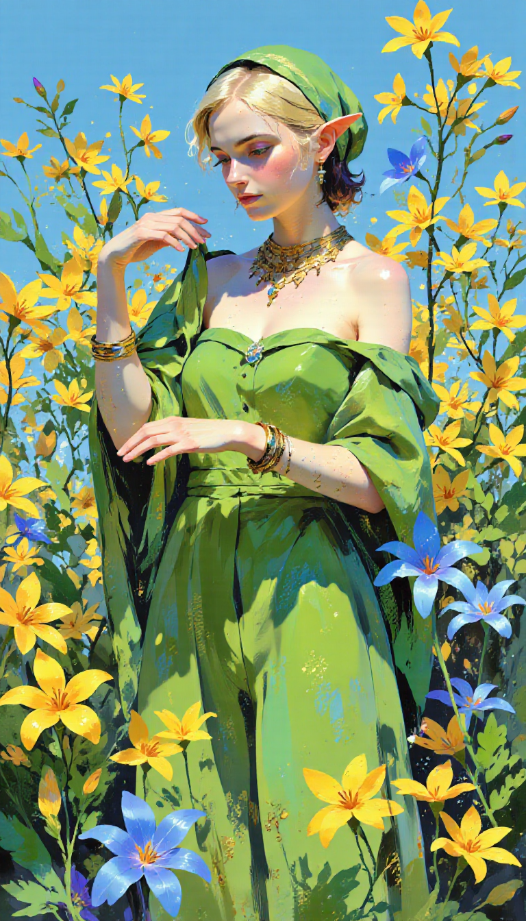 pscho_4rt,mythp0rt,very wide angle, put subject further away, small subject, A digital illustration shoot from a profile camera angle about a fantasy character standing amidst a vibrant field of flowers, wearing a green headscarf and jewelry. the image also shows a fantasy theme. on the middle of the image, a young woman appears to be in her early twenties, with short blonde hair and pointed ears, standing in a field of yellow and blue flowers. she is facing away from the viewer, with a serene expression on her face. her body is slim, and she is wearing a strapless dress with a green scarf tied around her head, along with a necklace and earrings. her hair is styled in short hair, and her eyes are closed, giving a sense of calmness to the scene. the background is filled with a bright blue sky, and the overall color palette is vibrant with shades of yellow, blue, and green. the woman is positioned in the middle, with her upper body visible, and is holding the green scarf with both hands. the overall style is reminiscent of fantasy art, with intricate details and a soft, ethereal quality.  1girl, solo, breasts, looking at viewer, blonde hair, dress, jewelry, bare shoulders, standing, full body, flower, outdoors, earrings, sky, day, necklace, pointy ears, bracelet, blue flower, yellow flower, lily, elf, green head scarf  camera_angle: profile, art_style: digital illustration, location: flower field, background: a field filled with yellow flowers, blue flowers, text: NA, distance_to_camera: upper body, clothing: green dress, image_composition: middle, pants: NA;NA, accessory: earrings;green head scarf, shoes: none, action: standing, facing_direction: facing away;facing away, eye_direction : NA;looking to the side, facial_expression: serene, ear: elf ear; NA;pointed ears, eye color: light skin, gender: 1woman;1woman, hair_color: blonde hair;light skin, hair style: short hair;short hair, race: light hair, body: slim