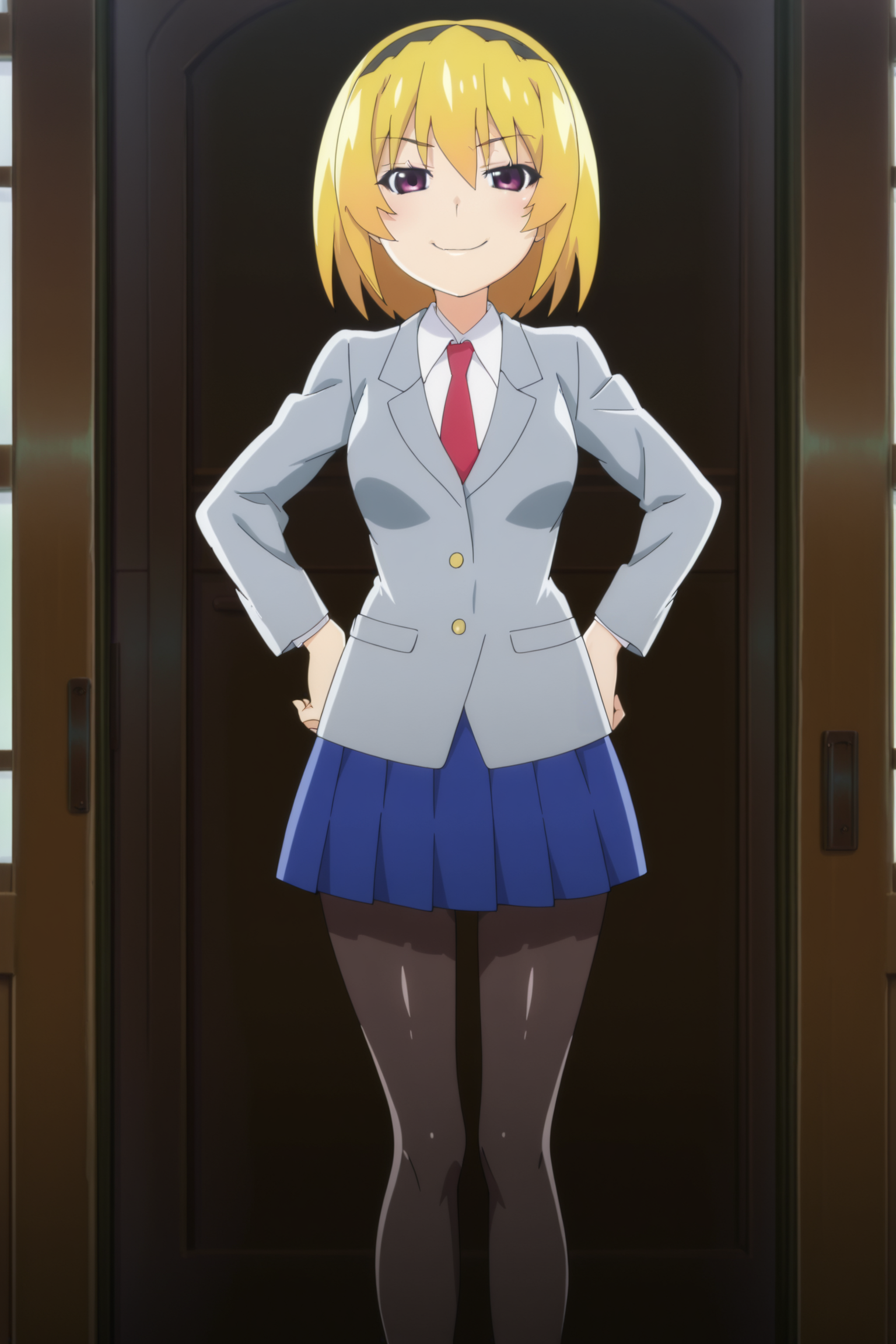 anime screencap, anime coloring, detailed face, masterpiece, best quality, very aesthetic, absurdres, volumetric lighting, official style, amazing quality, ultra detailed,  highres, amazing quality, scenery, beautiful detailed hair, beautiful detailed eyes, detailed fingers,
<lora:Houjou_Satoko_teenage_appearance_Higurashi_When_They_Cry_-_Gou_and_Sotsu:1>
Satoko St. Lucia uniform, 1girl, solo, black hairband, pantyhose, skirt, blonde hair, hairband, houjou satoko, red necktie, jacket, shirt, blue skirt, blazer, shoes, St. Lucia blazer, cowboy shot, smug smile, looking at the viewer, hands on hips