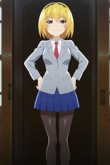 anime screencap, anime coloring, detailed face, masterpiece, best quality, very aesthetic, absurdres, volumetric lighting, official style, amazing quality, ultra detailed,  highres, amazing quality, scenery, beautiful detailed hair, beautiful detailed eyes, detailed fingers,
<lora:Houjou_Satoko_teenage_appearance_Higurashi_When_They_Cry_-_Gou_and_Sotsu:1>
Satoko St. Lucia uniform, 1girl, solo, black hairband, pantyhose, skirt, blonde hair, hairband, houjou satoko, red necktie, jacket, shirt, blue skirt, blazer, shoes, St. Lucia blazer, cowboy shot, smug smile, looking at the viewer, hands on hips