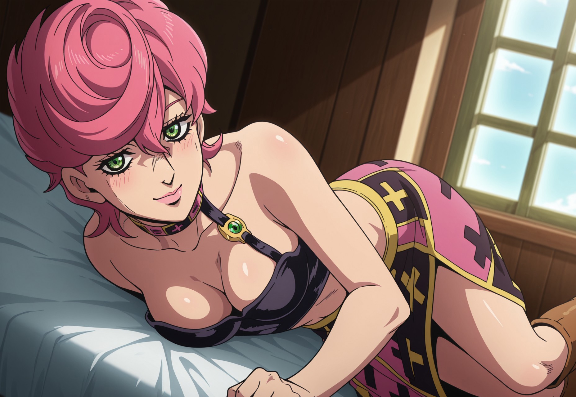 (((1girl,solo))),(masterpiece, amazing quality, best quality),very aesthetic, illustration, perfect composition, intricate details, absurdres, incredibly absurdres,(((TrishUna,Official Style, Anime Coloring,Pink Hair, Green Eyes, Pink Lips, Choker, Black Bra, Single Bra Strap, Cleavage, Bare Shoulders, Skirt, Long Skirt, Pink Skirt, Black Skirt, Multicolored Skirt, Mathematical Pattern, Kneehigh Boots, Brown Boots, perfect face, detailed eyes,lying on side,on bed))),blush,dutch angle,smile,looking at viewer,bedroom,window,sky