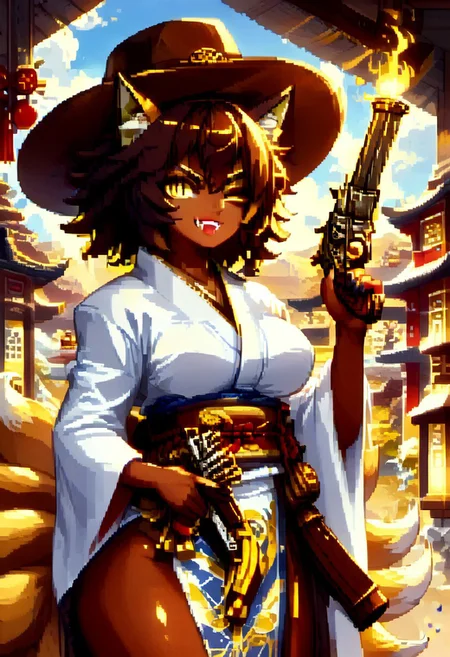 (score_9), score_8_up, score_7_up, 
anime
1girl,
(dark brown skin, beautiful, black hair, curly hair (large round afro: 1.4), (((Kitsune)), Fox ears, ((fox tail)), large tail, (nine tails), (multiple tails), saddle brown tails:1.2, black fur tips: 1.6), (yellow eyes, slit pupils: 1.4), (glowing eyes: 0.8), eyesHD, high gradient eyes, high definition eyes, teeth with fangs, black claws, 
Black and gold cowboy hat, shrine maiden outfit, bandolier, gunatyou, holding weapon, holding gun, holding a revolver, 0.44 Magnum Revolver, ((GunMonk)), one eye closed, wink, magic musket
gigantic breasts, round breasts, huge ass, sexy, thick thighs), black lipstick, silver jewelry, Excited grin,
blue flames
desert, fire, sandstorm
aduare_style, pixel art