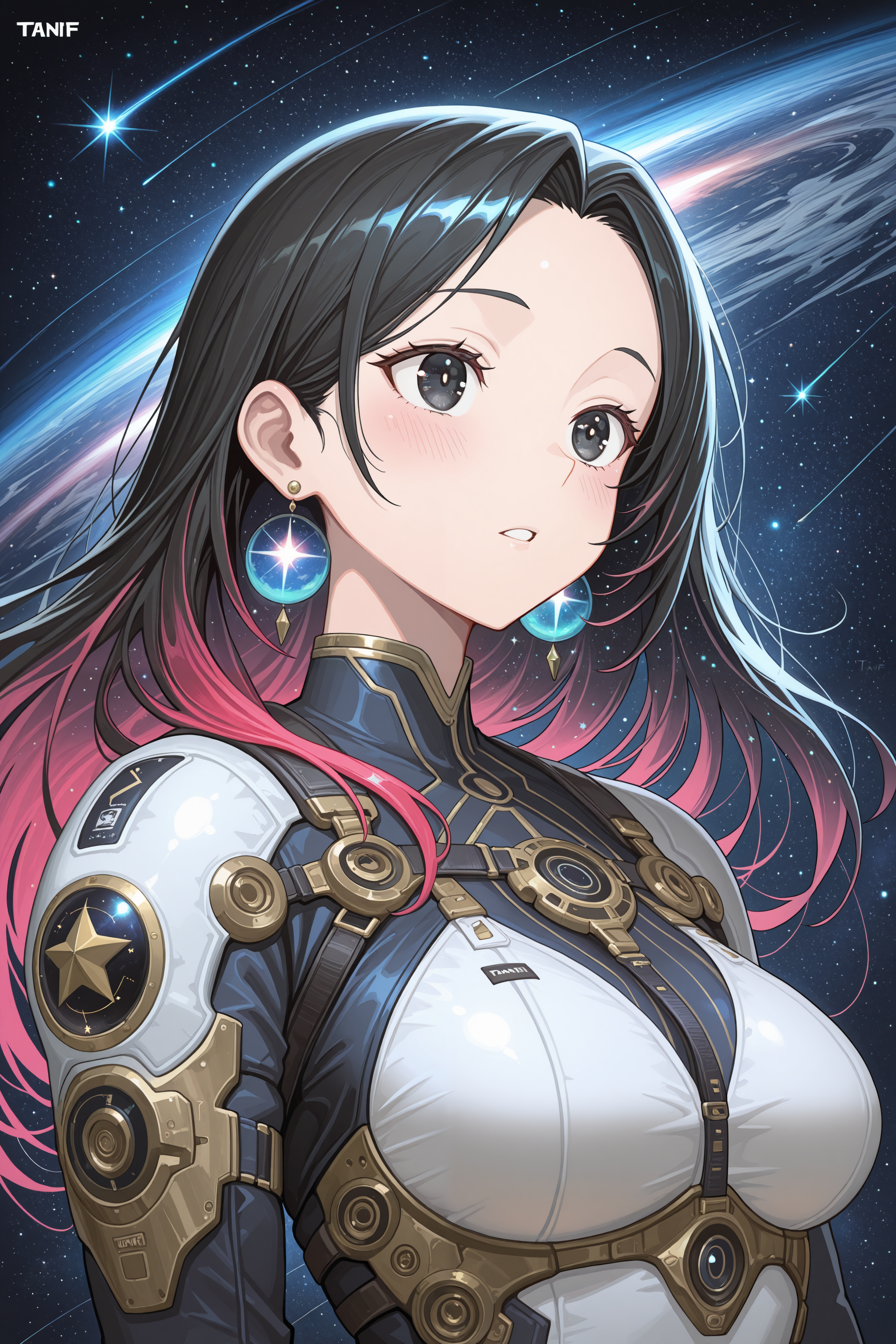 lazympos, by shijima (tanfn), 1girl, solo, multicolored hair, jewelry, earrings, parted lips, black eyes, long hair, blush, space, artist name, upper body, star (sky) <lora:TrendCraft_The_Peoples_Style_Detailer-v1.0A-3_13_2025-illustrious:0.2>