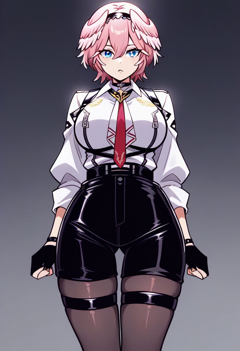 <lora:takane_lui_pony_v01a02_ep08:1> luiFirst, pink hair, short hair, parted hair, double-parted bangs, hair between eyes, black hairband, blue eyes, hair wings, black choker, white shirt, chest harness, breast zipper, red necktie, white ascot, long sleeves, white shirt, black gloves, partially fingerless gloves, thigh strap, high-waist shorts, leather shorts, black shorts, pantyhose, strappy heels, black footwear, wide hips,,,,,,,,,,,,,anime coloring, anime screencap, 1girl,Solo ,, anime,PUFFY nipple,huge breasts,,,official art, Uncensored ,Unedited ,,,,,,,,,,,,,,,,,,,,,,,